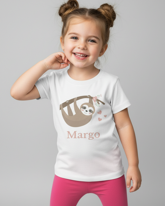 Smiling little girl wearing a white personalised kids t-shirt with a cute sloth illustration and the name “Margo”, studio grey background