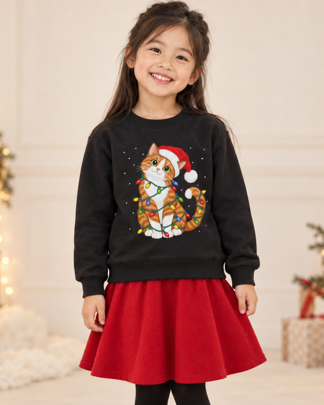 A cheerful young girl wearing a black kids' Christmas sweatshirt featuring an orange and white tabby cat in a Santa hat tangled in colourful fairy lights, paired with a bright red skirt.