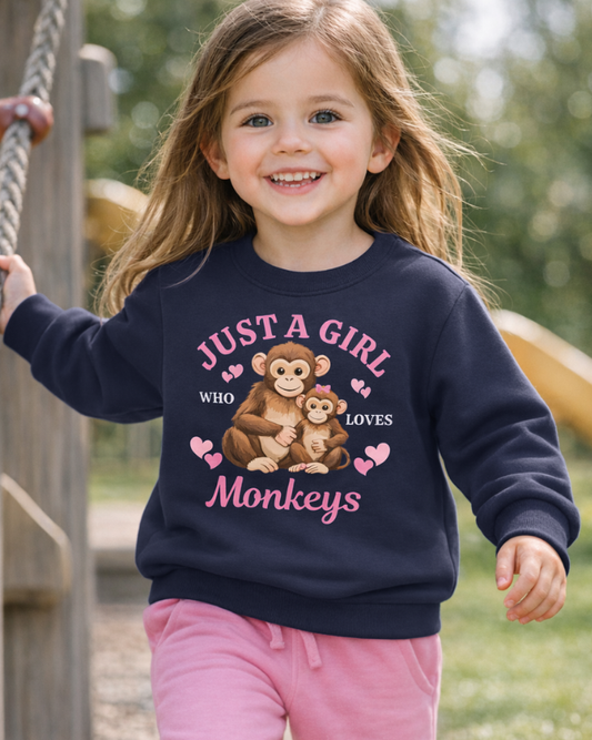 Girl in a playground wearing a navy "just a girl who loves Monkeys' jumper.