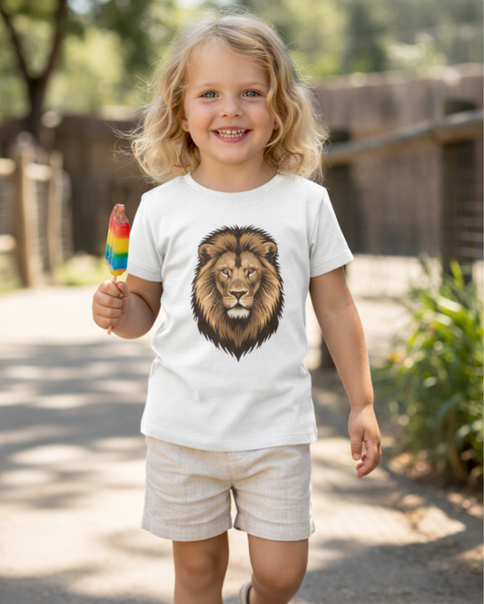 Young girl wearing white lion graphic t-shirt outdoors, kids animal print tee with safari style
