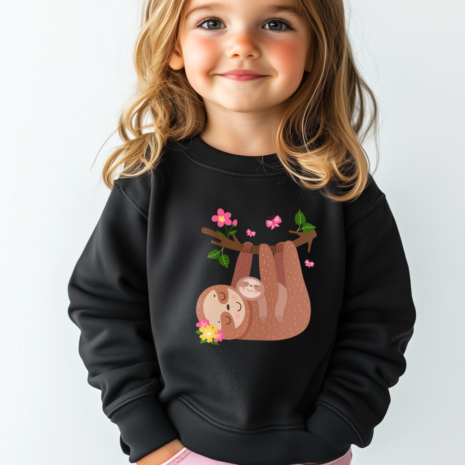 Little girl models a black sweatshirt featuring a cute mother and baby sloth hanging from a tree branch with pink flowers, green leaves, and butterflies.