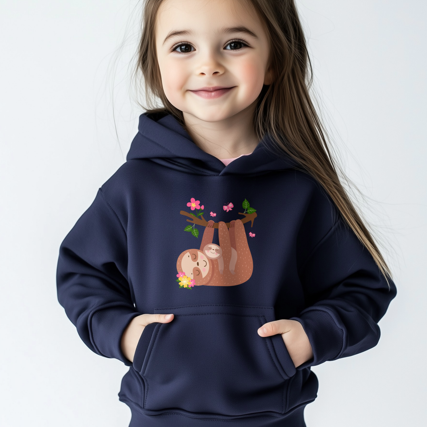 Young girl wearing a navy hoodie featuring a cute mother and baby sloth hanging from a branch with pink flowers and green leaves.