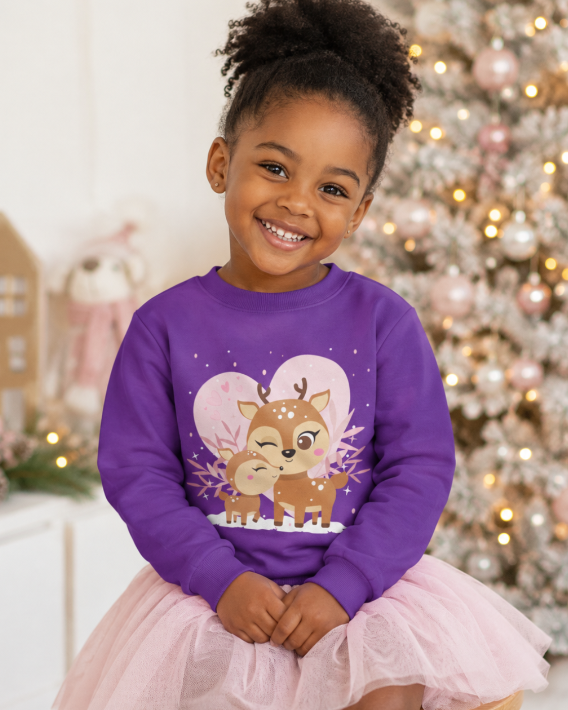 Smiling young girl wearing a purple kids winter sweatshirt with a cuddling mother reindeer and baby fawn design, paired with a pale pink tulle skirt in a softly lit festive setting.