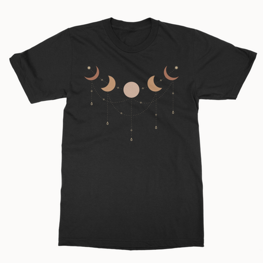 Luna phases of the moon t-shirt in black with minimalist celestial moon phase design, front view, flat lay.