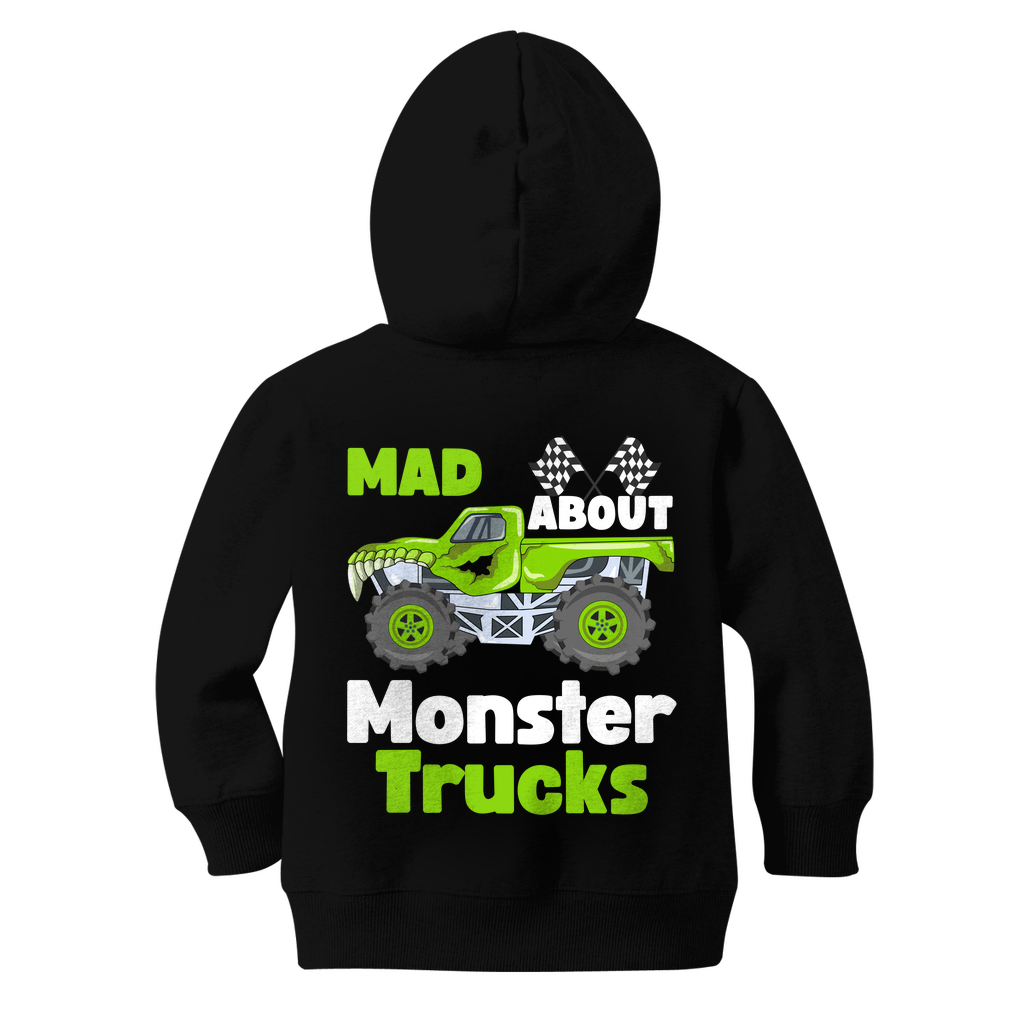 Back view of a kids zip hoodie in black with bold green monster truck and “Mad About Monster Trucks” slogan printed on the back.