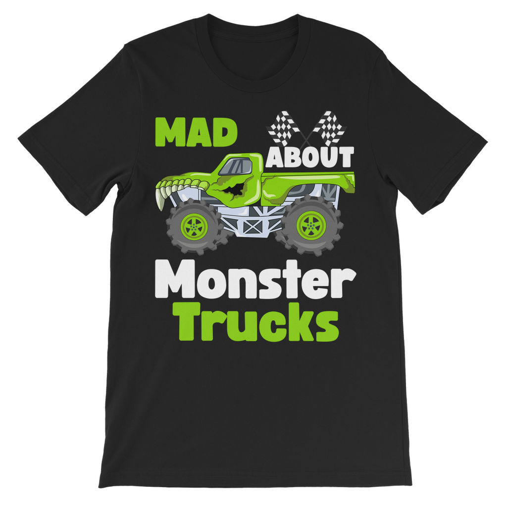 Flat lay of black kids T-shirt with bright green monster truck and “Mad About Monster Trucks” slogan printed on the front.