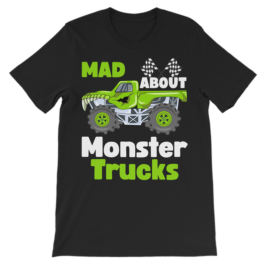 Flat lay of black kids T-shirt with bright green monster truck and “Mad About Monster Trucks” slogan printed on the front.