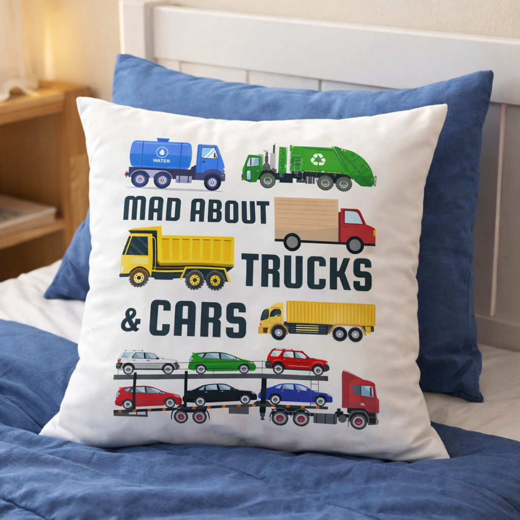 Kids “Mad About Trucks & Cars” decorative cushion with colourful truck and car illustrations, styled on a child’s bed with blue bedding.