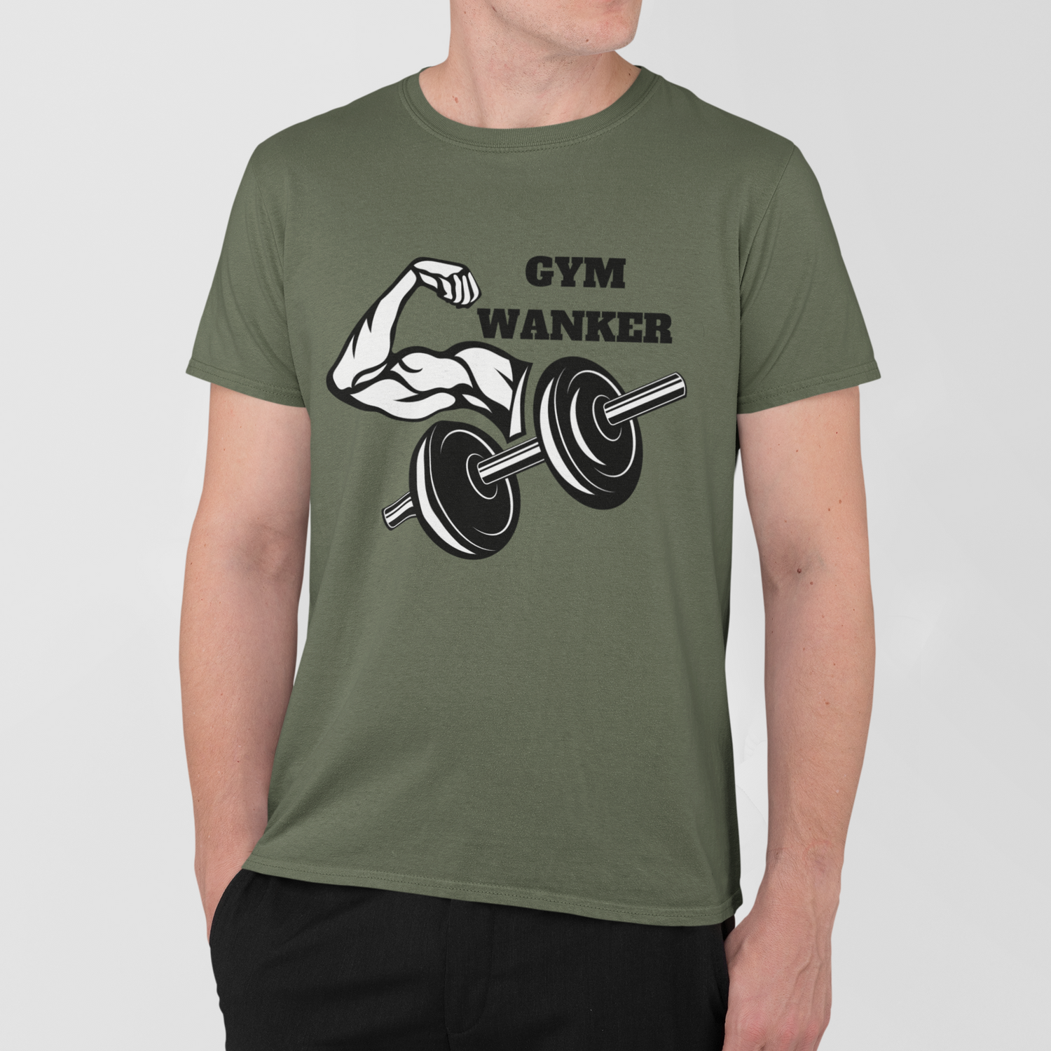 Man wearing a military green “Gym Wanker” t-shirt with a flexed arm and dumbbell graphic on the chest.