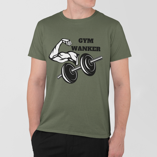 Man wearing a military green “Gym Wanker” t-shirt with a flexed arm and dumbbell graphic on the chest.