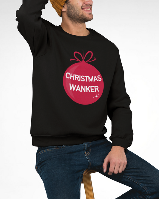 Man wearing black funny “Christmas Wanker” Christmas sweatshirt with red bauble graphic