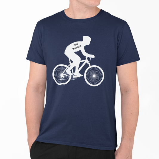 Man wearing navy “Bike Wanker” T-shirt with white cyclist silhouette graphic.