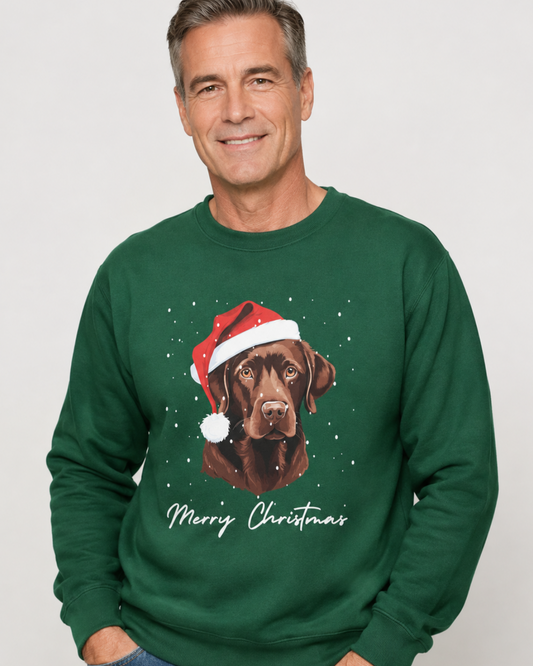 A man wearing a dark green crewneck sweatshirt with a graphic of a chocolate Labrador dog in a red Santa hat and the text 'Merry Christmas' on the front, set against a plain light gray background.