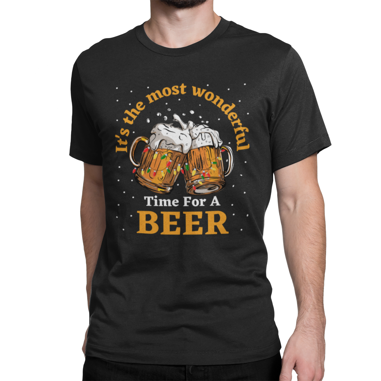 Man wears black Christmas t-shirt with “It’s the most wonderful time for a beer” slogan and clinking beer mugs graphic