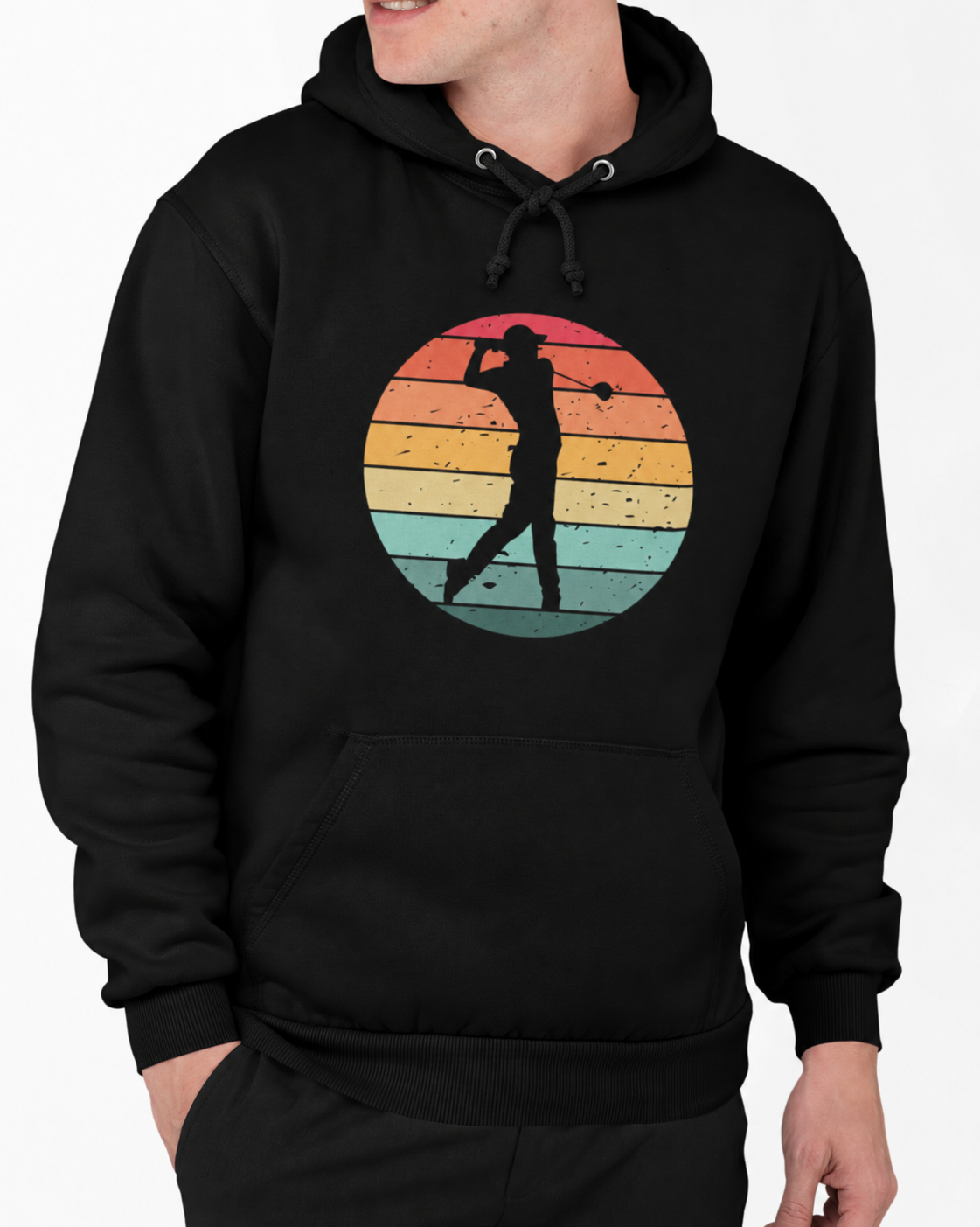 Man wearing black retro golf hoodie with sunset golfer graphic casual fit