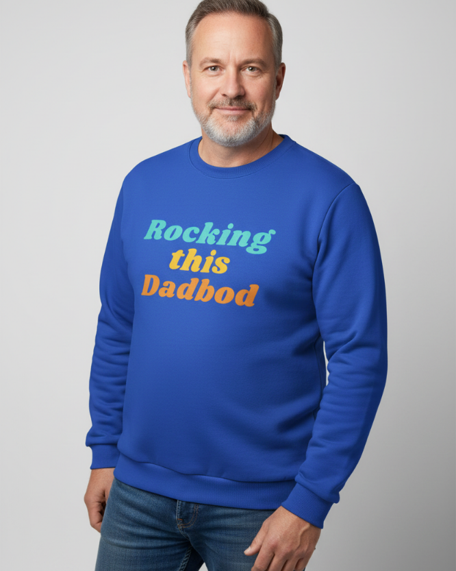 Middle aged man wearing Rocking This Dadbod sweatshirt – funny dad jumper
