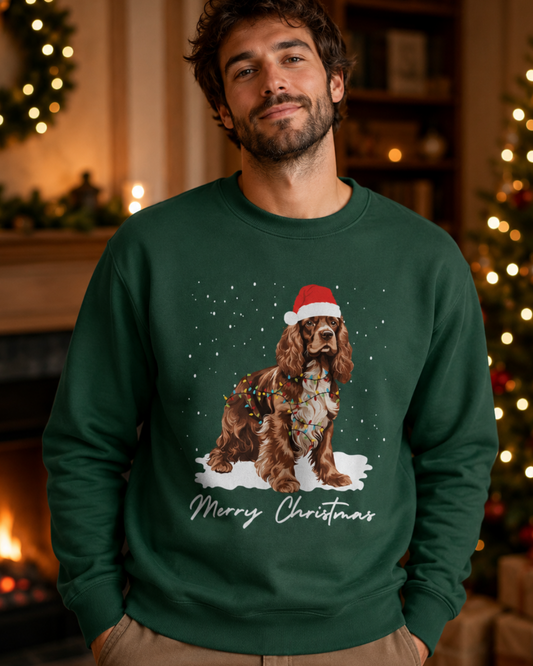 A man wearing a dark green crewneck sweatshirt with a festive Christmas graphic of a brown and white Cocker Spaniel dog wearing a Santa hat, standing in a cozy, warmly lit holiday room with a fireplace and a decorated Christmas tree in the background.