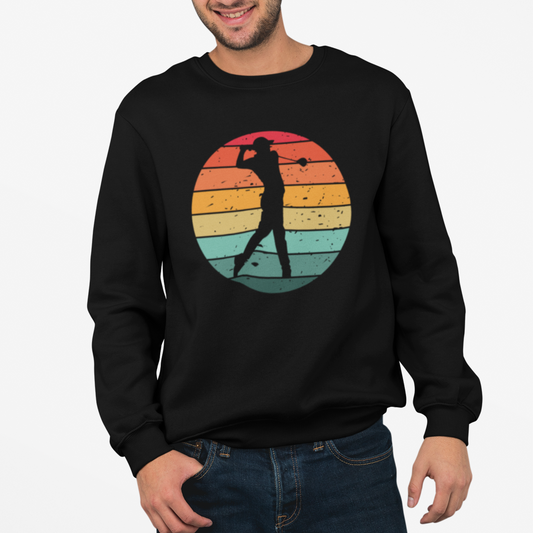 Man wears black sweatshirt with a colourful graphic of a golfer swinging his golf club