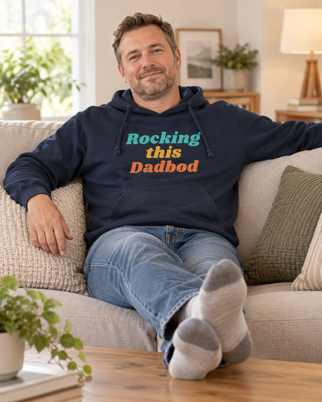 Man with a dad-bod relaxing on a sofa in a royal blue “Rocking This Dadbod” hoodie with his feet on a coffee table.