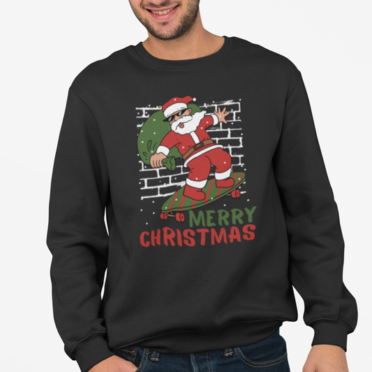 Man wearing a black sweatshirt with a graphic of Santa Claus skateboarding and text 'Merry Christmas' on a white background.
