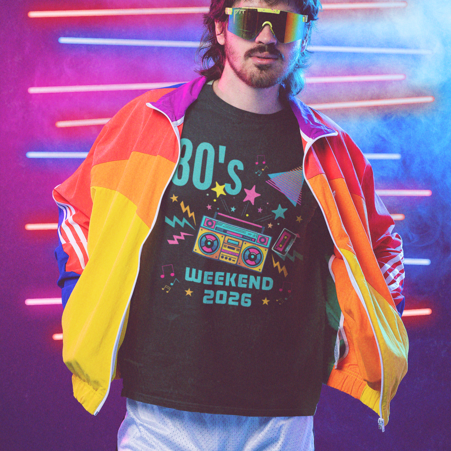 Man wearing 80s Weekend 2026 retro party t-shirt styled casually, festival and themed event outfit