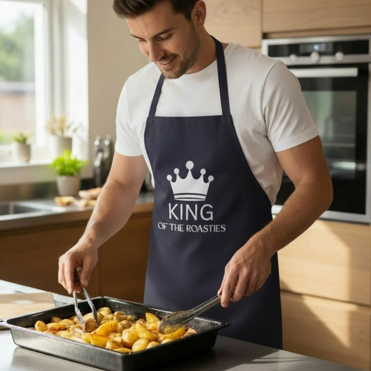 Navy blue "King of the Roasties" printed kitchen apron worn by man, attending to his roast potatoes