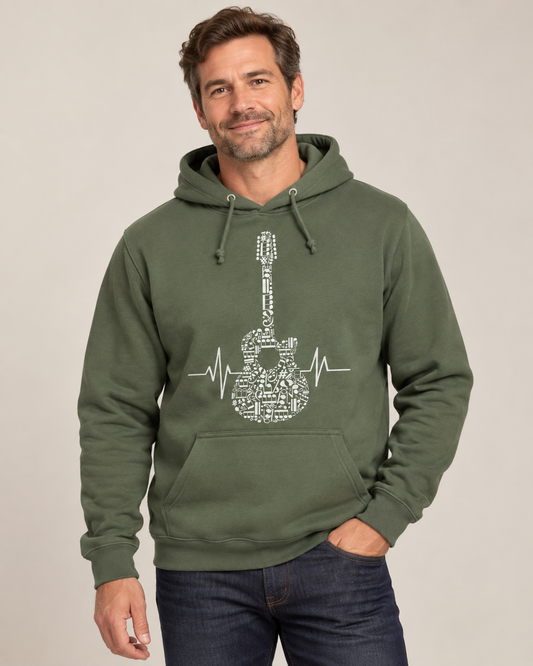 Man wearing an earthy green pullover hoodie featuring a musical-note guitar and heartbeat design.