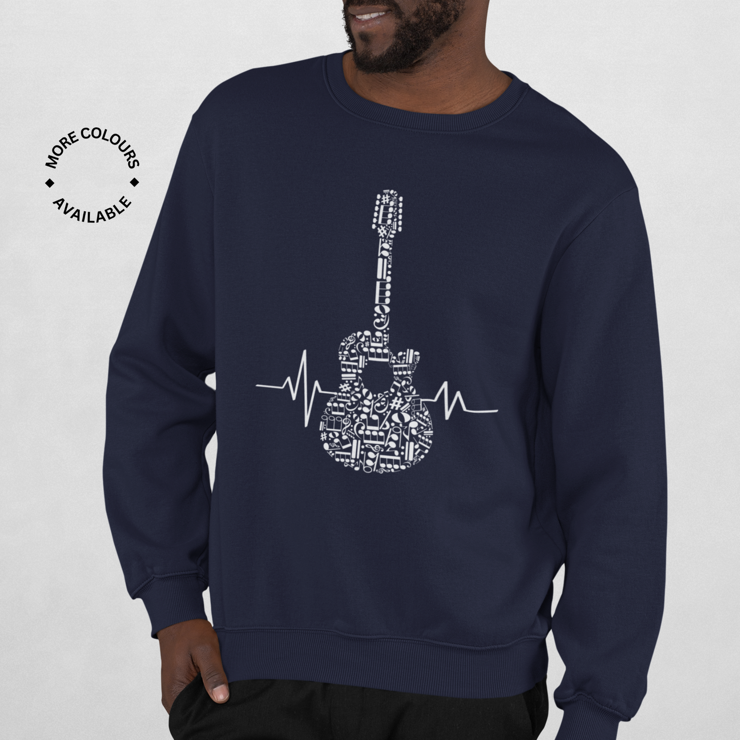 Man models a navy sweatshirt with a graphic of a guitar made from musical notes and heartbeat line design on the front.
