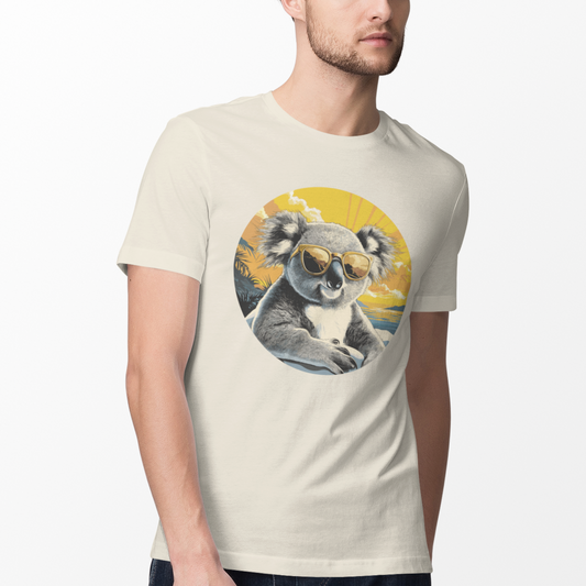 A person models a light beige t-shirt. A koala with sunglasses is printed on the chest, with a sunset and palm trees in the background.