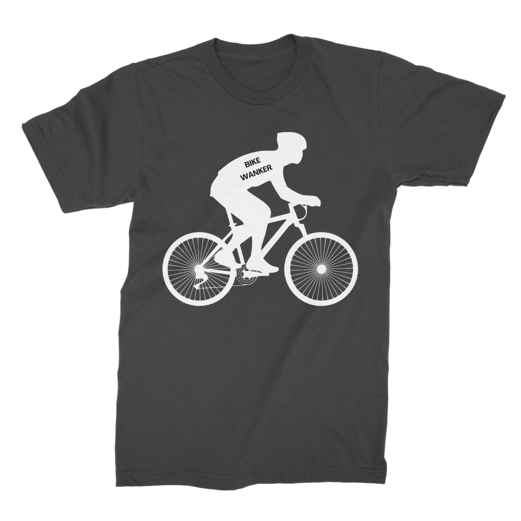 Men's “Bike Wanker” black cotton t-shirt with white cyclist silhouette graphic.