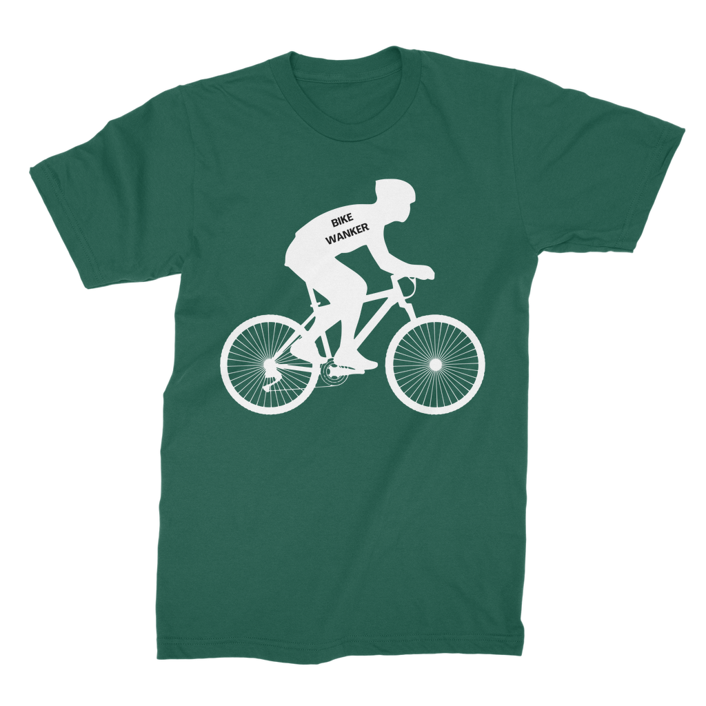 Men's “Bike Wanker” dark green cotton t-shirt with white cyclist silhouette graphic.