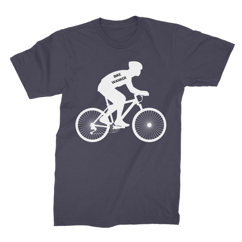 Men's navy “Bike Wanker” T-shirt with white cyclist silhouette graphic.