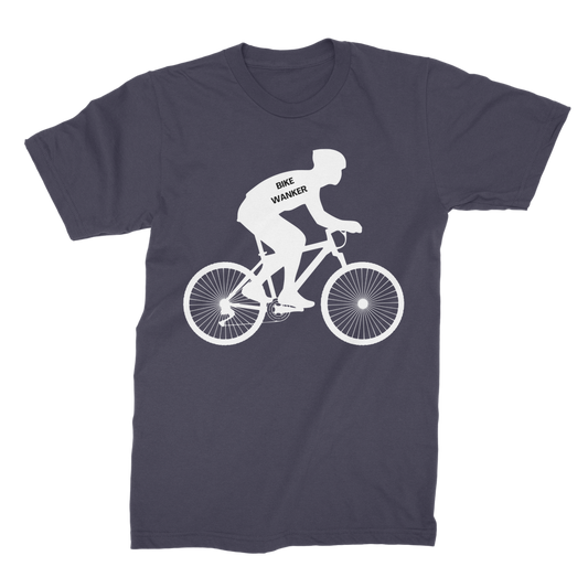 Men's navy “Bike Wanker” T-shirt with white cyclist silhouette graphic.