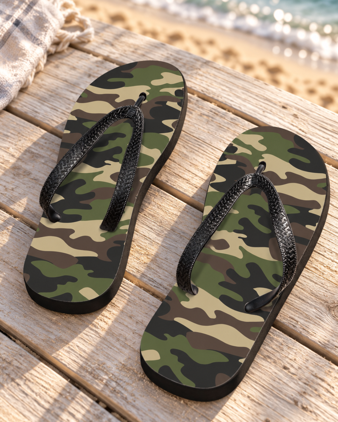 Men’s camouflage flip-flops with black straps and soles on sunlit wooden decking beside the beach.