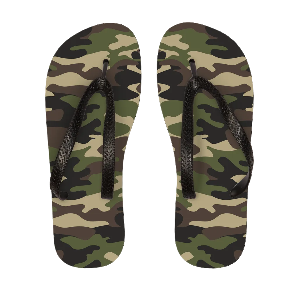 Top view of men’s flip-flops with olive, tan, brown and black camouflage footbeds and textured black straps.