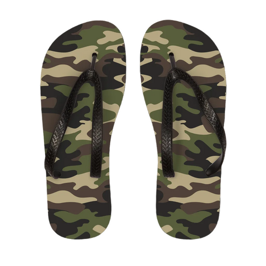 Top view of men’s flip-flops with olive, tan, brown and black camouflage footbeds and textured black straps.