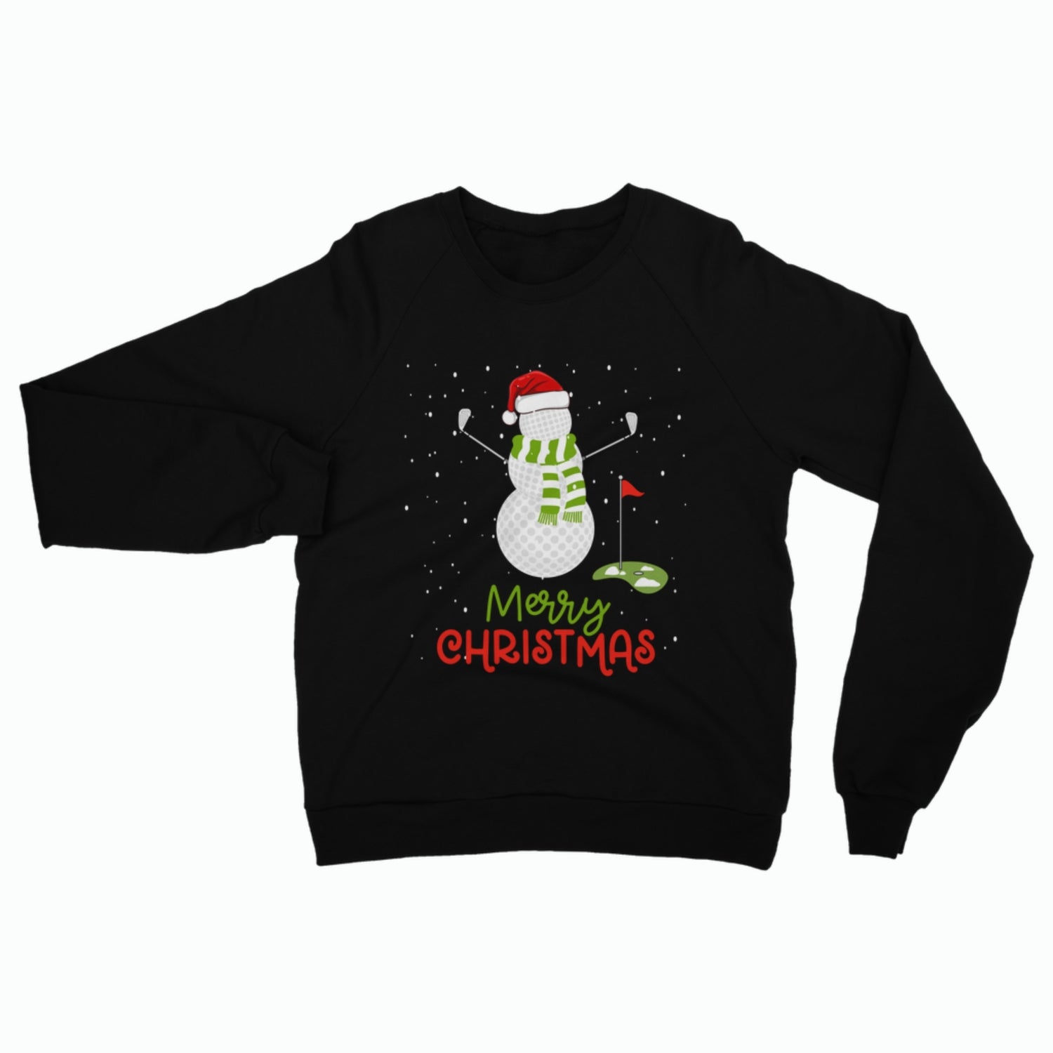 Mens funny Christmas jumper with golf snowman design in black festive sweatshirt for golfers