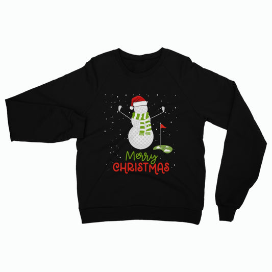 Mens funny Christmas jumper with golf snowman design in black festive sweatshirt for golfers