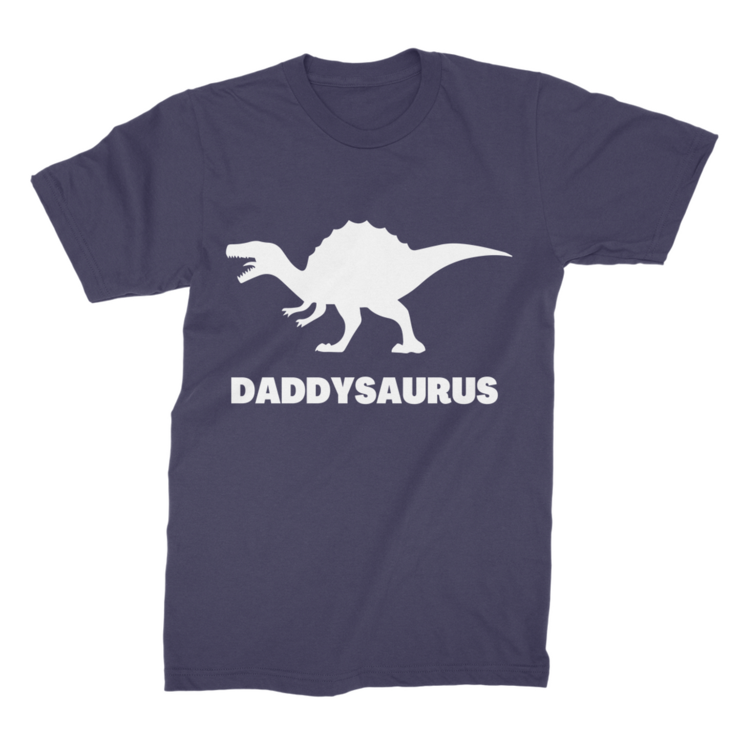 Mens navy DADDYSAURUS dinosaur T-shirt with bold white silhouette on the front
