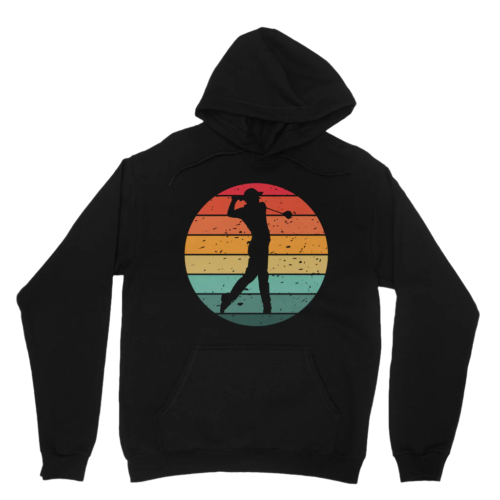 Men’s black golf hoodie with retro sunset golfer design printed on front