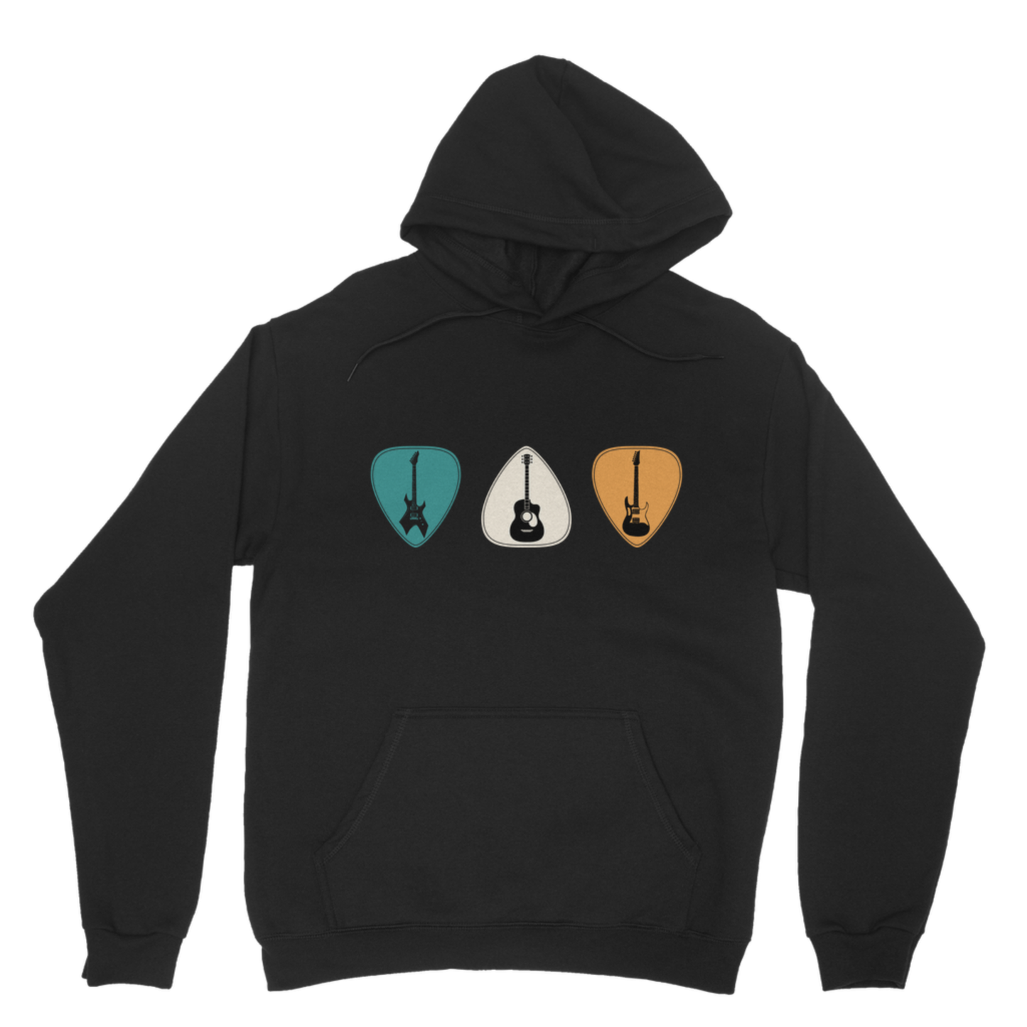 Black pullover hoodie featuring turquoise, cream and mustard guitar plectrums with electric and acoustic guitars.