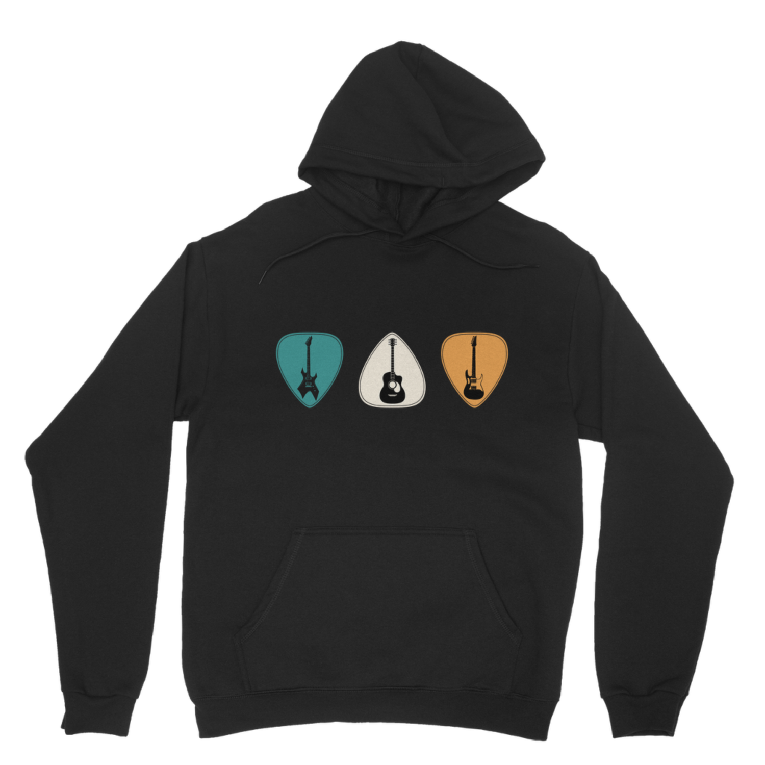 Black pullover hoodie featuring turquoise, cream and mustard guitar plectrums with electric and acoustic guitars.