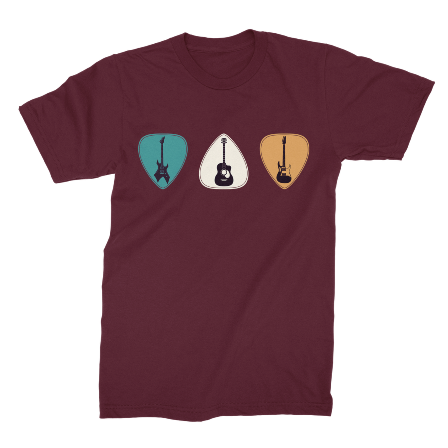 Maroon men’s T-shirt with teal, cream and golden guitar plectrums featuring three guitar silhouettes