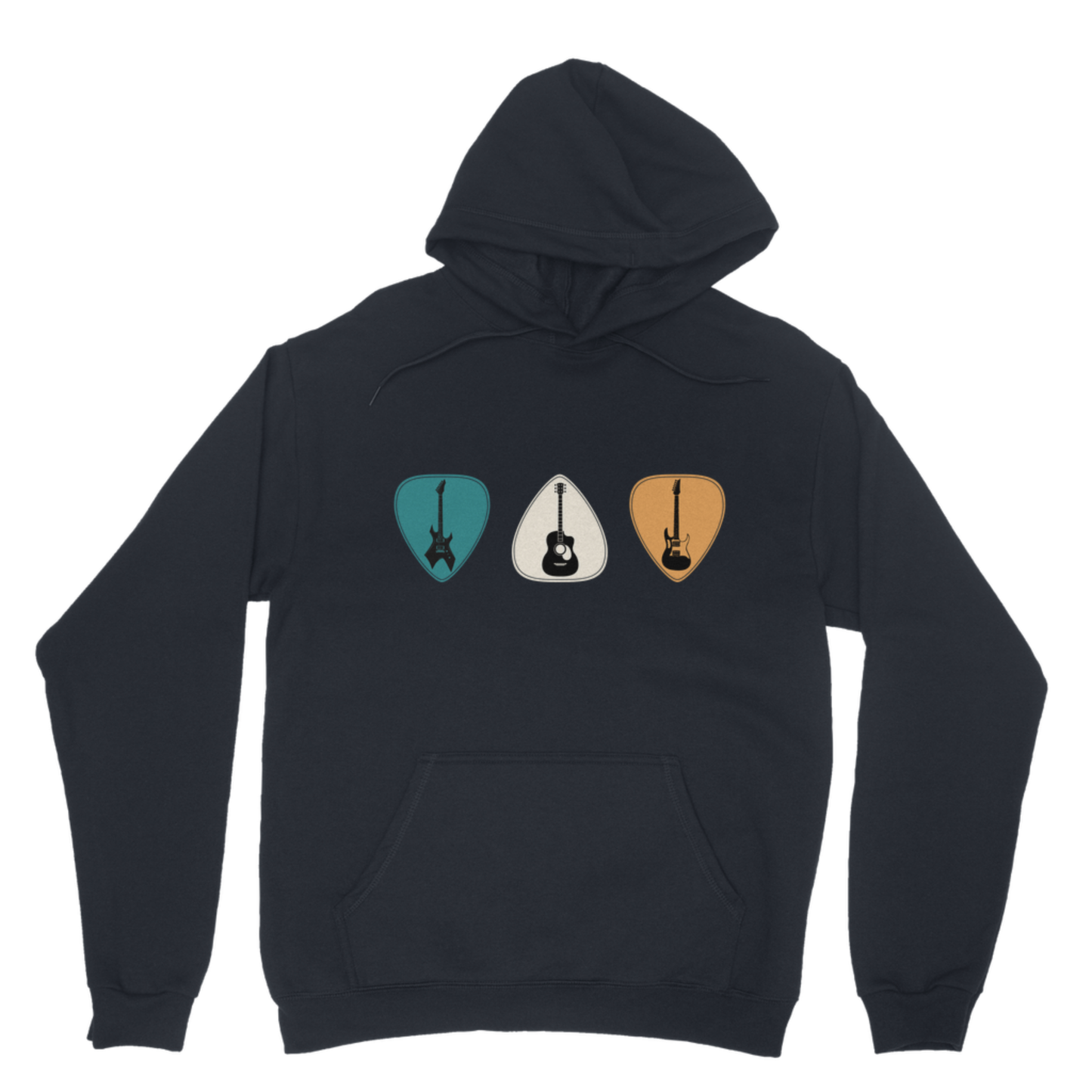 Navy pullover hoodie featuring three colourful guitar plectrums with electric and acoustic guitar illustrations