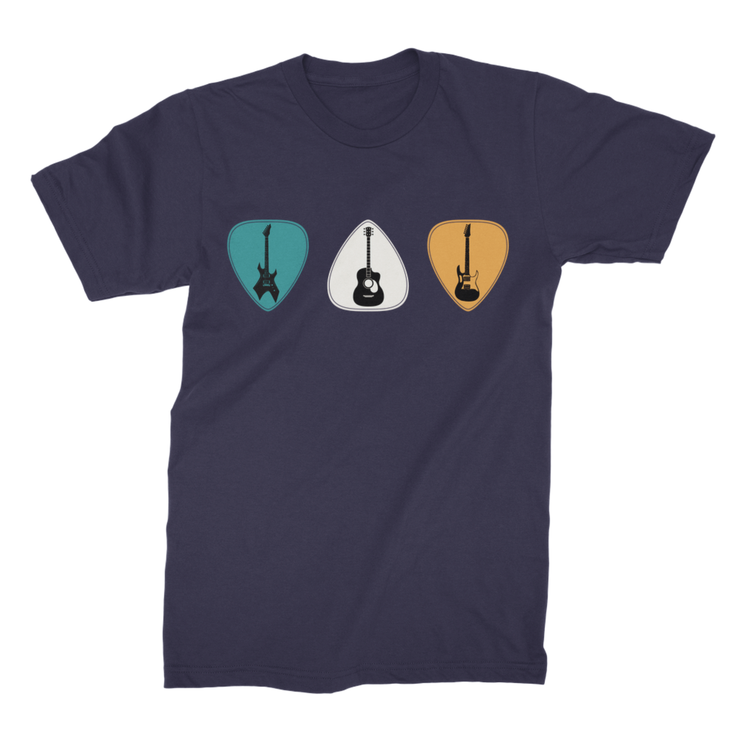 Navy men’s music T-shirt featuring three retro guitar plectrums and electric and acoustic guitars