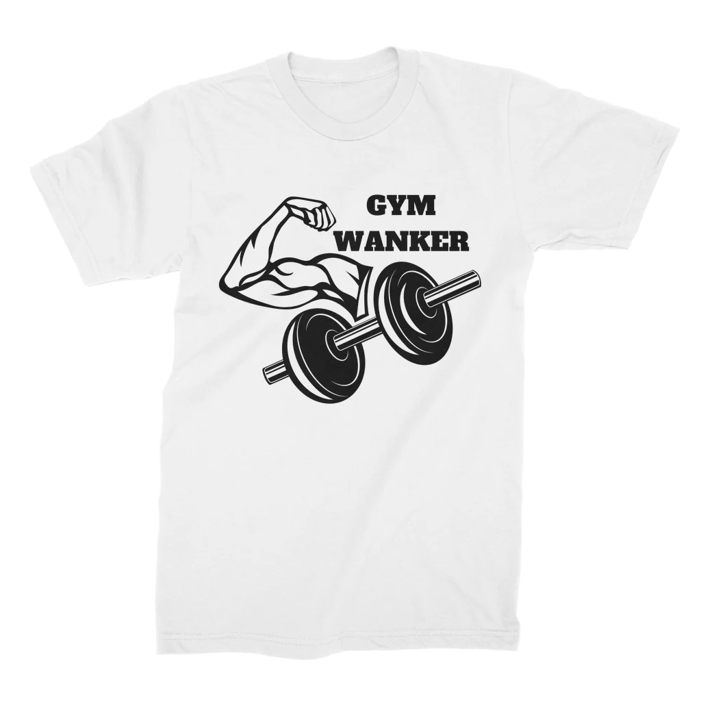 Men's white t-shirt with the text 'GYM WANKER' printed on the front, featuring a graphic of a arm flexing with a weightlifting theme.