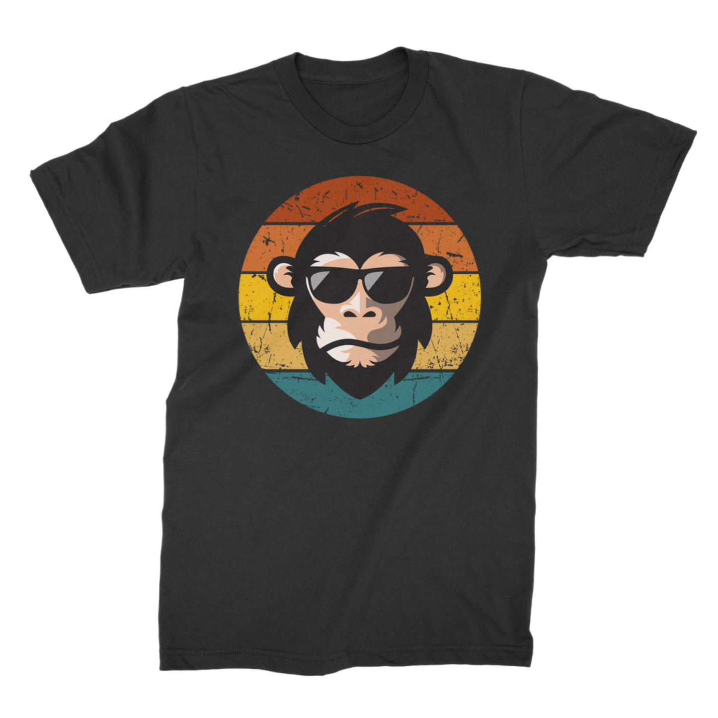 A black short-sleeve crewneck t-shirt featuring a retro-style graphic of a chimpanzee wearing sunglasses, set against a distressed circular sunset background with orange, yellow, and teal stripes.