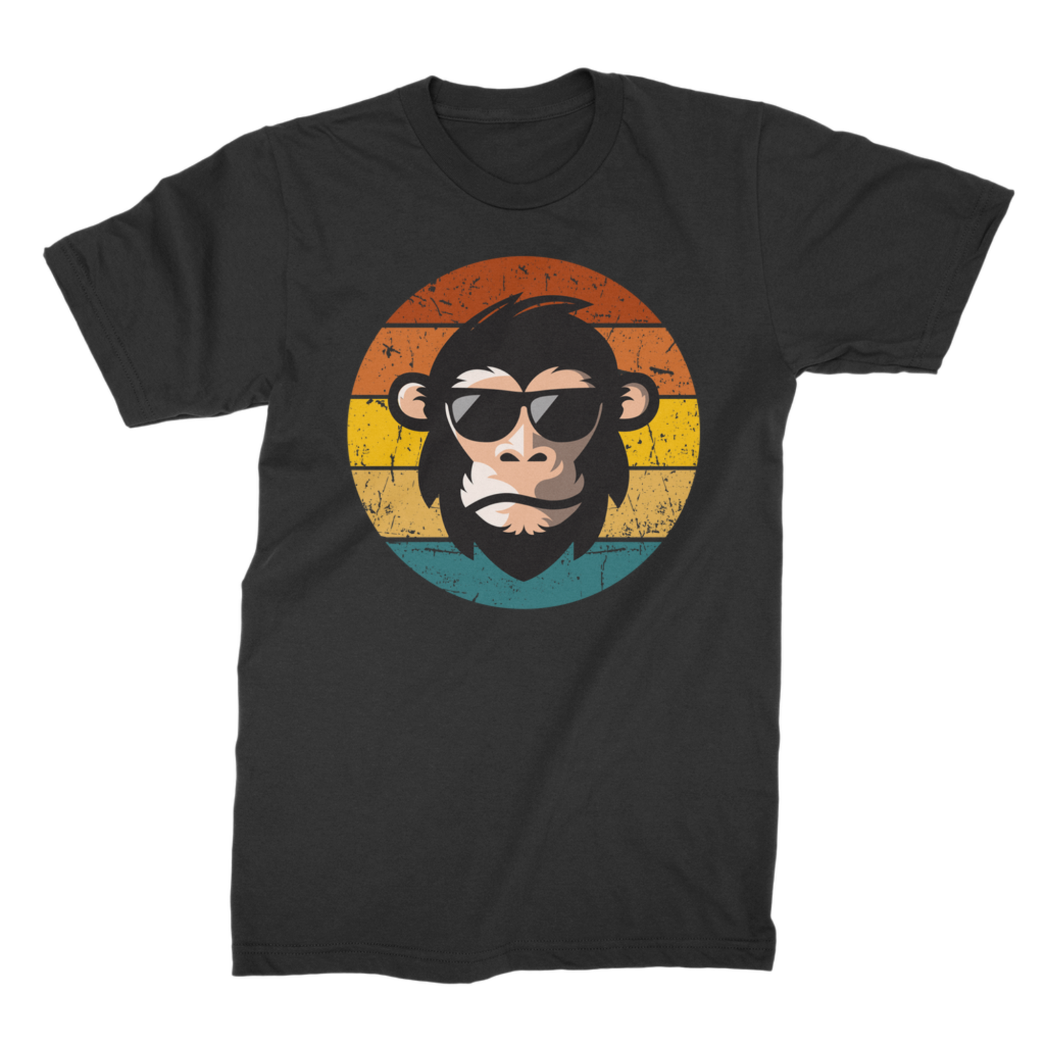 A black short-sleeve crewneck t-shirt featuring a retro-style graphic of a chimpanzee wearing sunglasses, set against a distressed circular sunset background with orange, yellow, and teal stripes.