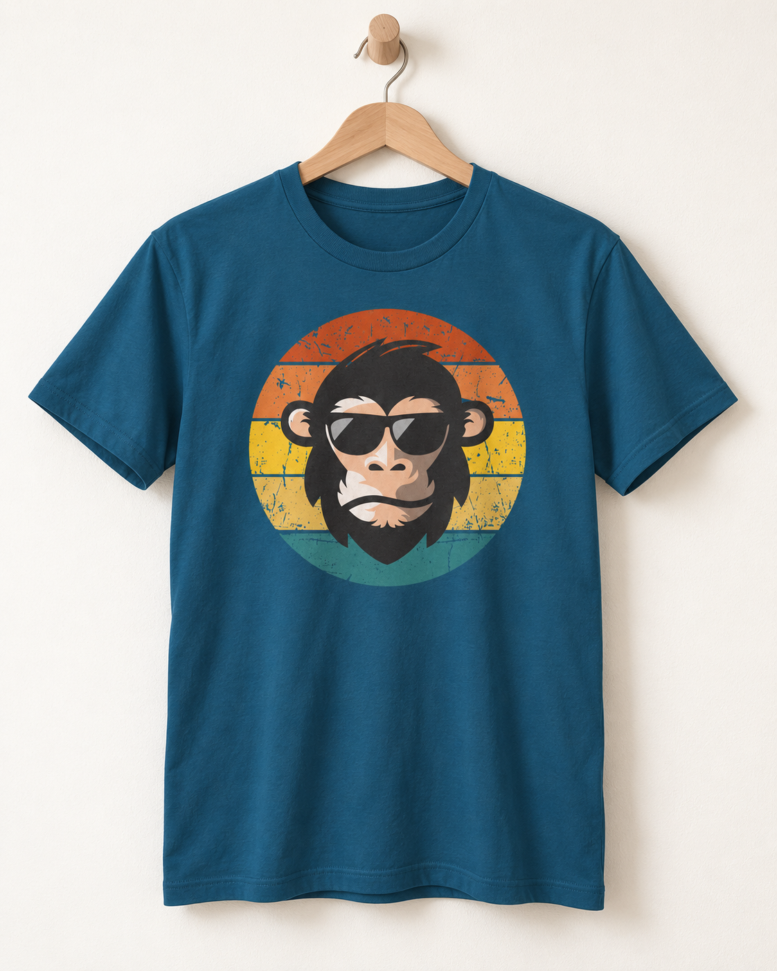 A teal blue short-sleeve t-shirt hanging on a wooden hanger against a light beige wall. The shirt features a graphic print of a chimpanzee wearing sunglasses, set against a retro circular sunset background with orange, yellow, and blue stripes.