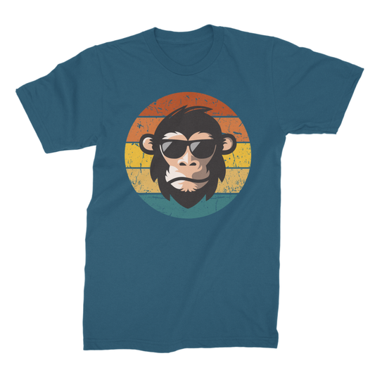 Men’s retro chimp graphic t-shirt in deep teal featuring a sunglasses-wearing chimp with a vintage sunset design
